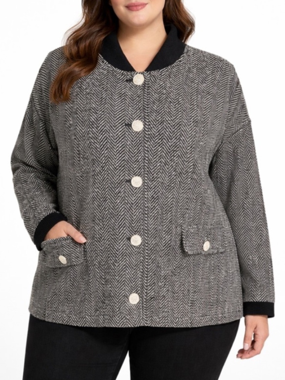 Bagatelle Collection Black White Herringbone Tweed Bomber Jacket 3X NEW